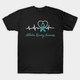 Addiction Recovery Awareness Heartbeat Teal Ribbon Support T-Shirt